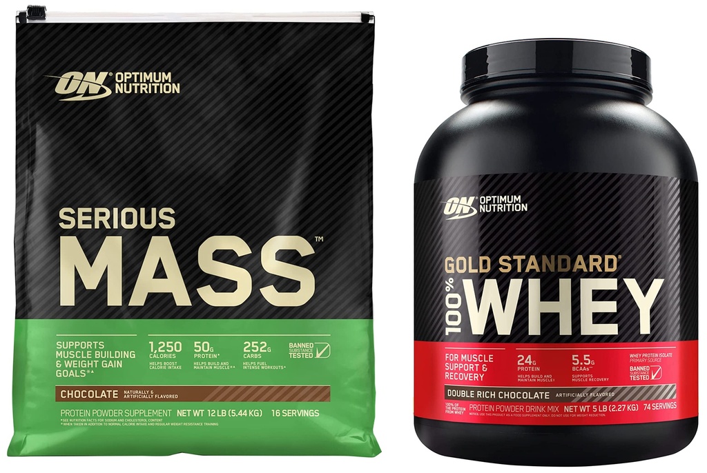 Optimum Nutriție Serious Mass Gainer Pulbere de proteine & Gold Standard 100% Whey Pulbere de proteine, Double Rich Chocolate, 5 Lire (Packaging May Vary)