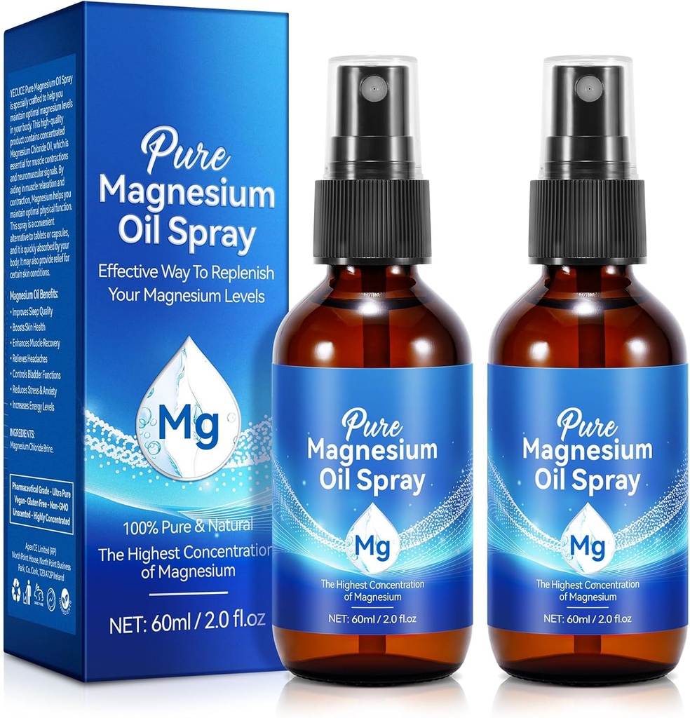 2Pack Spray de ulei de magneziu pur, Spray de magneziu topic flacon de sticlă, Spray organic de magneziu pentru picioare, Nourish Pielea, Uncleog Pores, Alleviate pierderea parului, 4 fl oz
