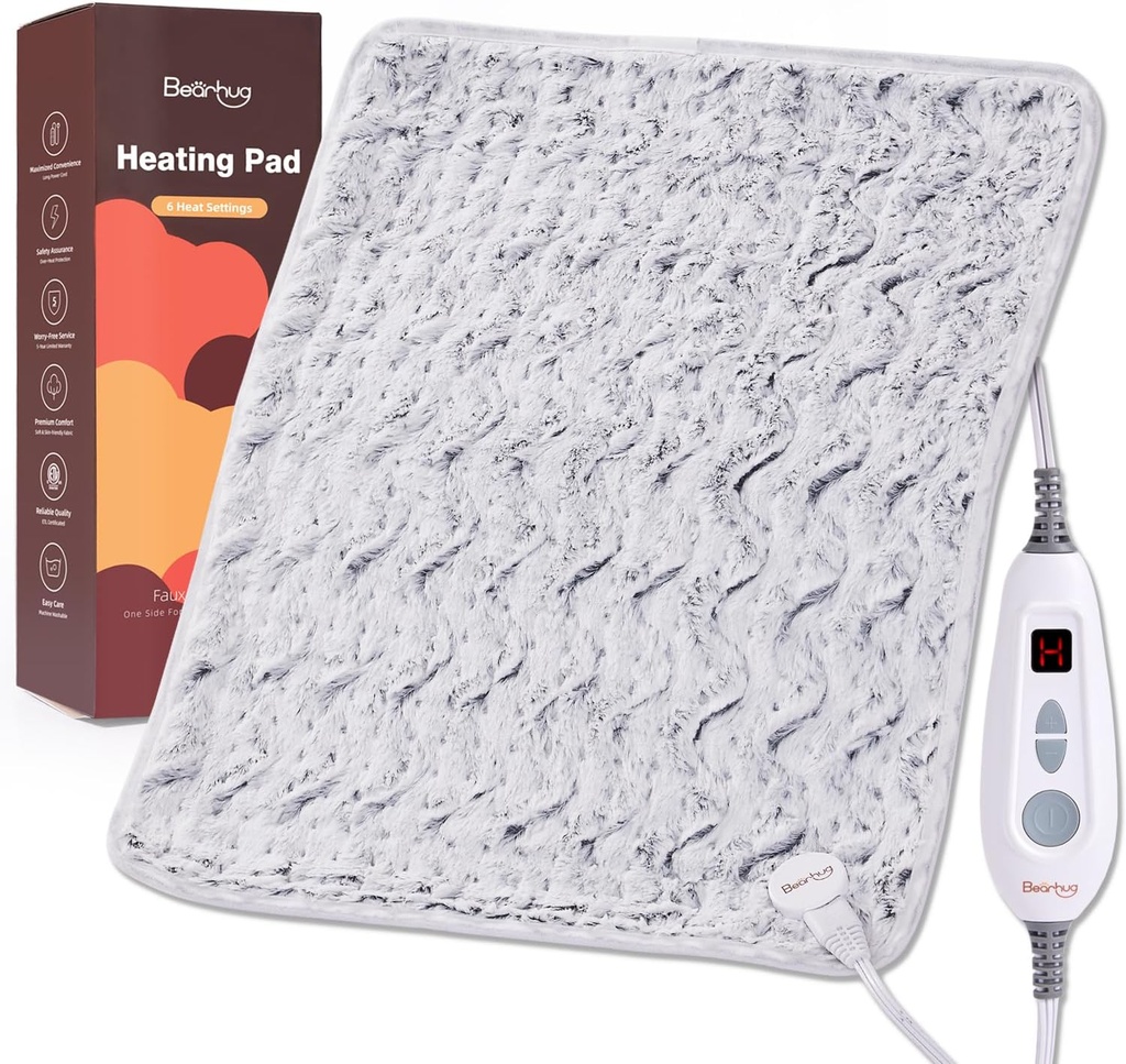 Bearhug XL Electronic Heating Pad 20'x24' Double-Sided Fur Heated Pad, 6 Nivele de căldură, 2H Auto-Off, Terapie de căldură umedă și uscată pentru Relief Back Pain, Masina de spălat, ETL Certified, Cadou Box