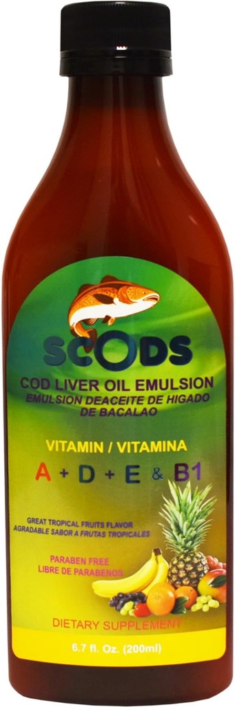 Emulsie de Scods Prutas Tropicale Cod Ulei de ficat Emulsie Fructe tropicale 200ml Vitamina A + D + E & B1