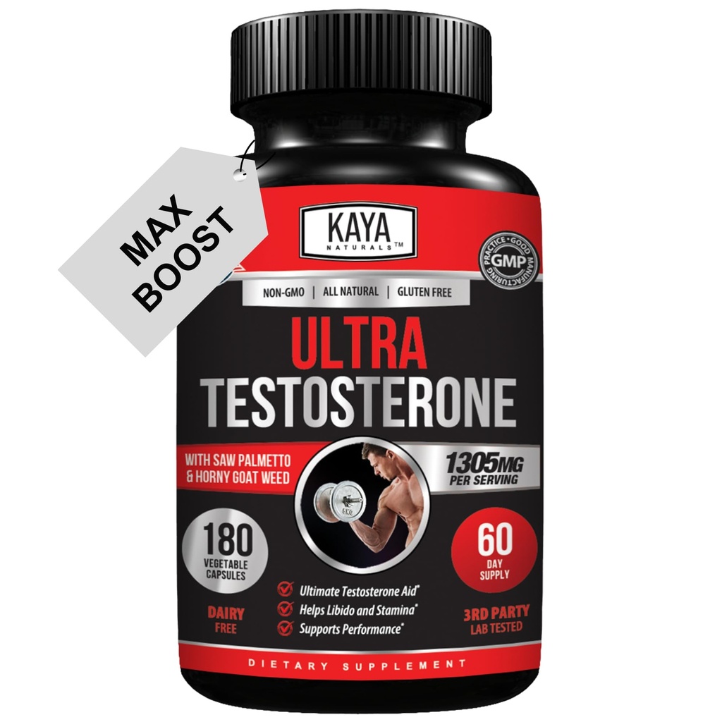 Kaya Naturals UltraTest- Booster de bărbaţi cu Tongkat Ali, Horny Goat buruieni, Tribulus - Natural Workout Supliment pentru energie, rezistenţă şi putere Booster - 180 Conte