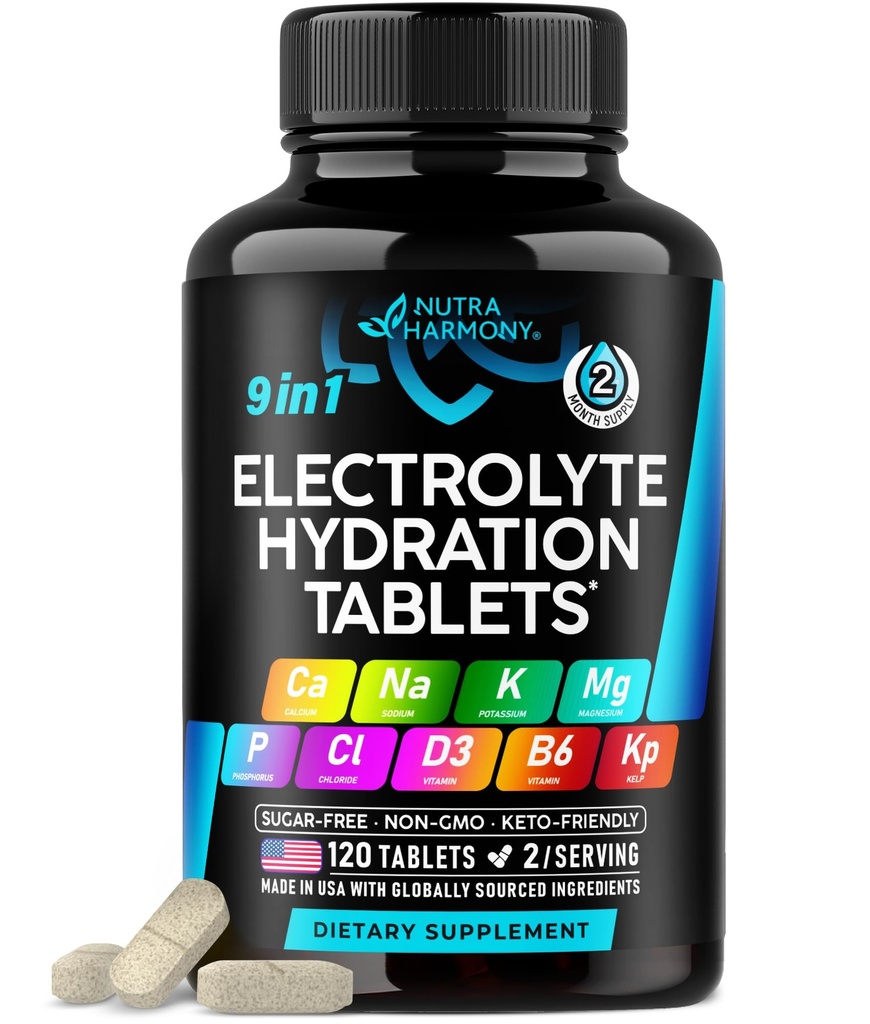 Electroliti - Electroliti tablete cu magneziu, sodiu, potasiu, clorura, vitamine D3 & B6, pudra Kelp - Pastile de sare - Made in USA - Tablete orale sub formă de capsule - Vegan & Keto Friendly - 120 Tabs