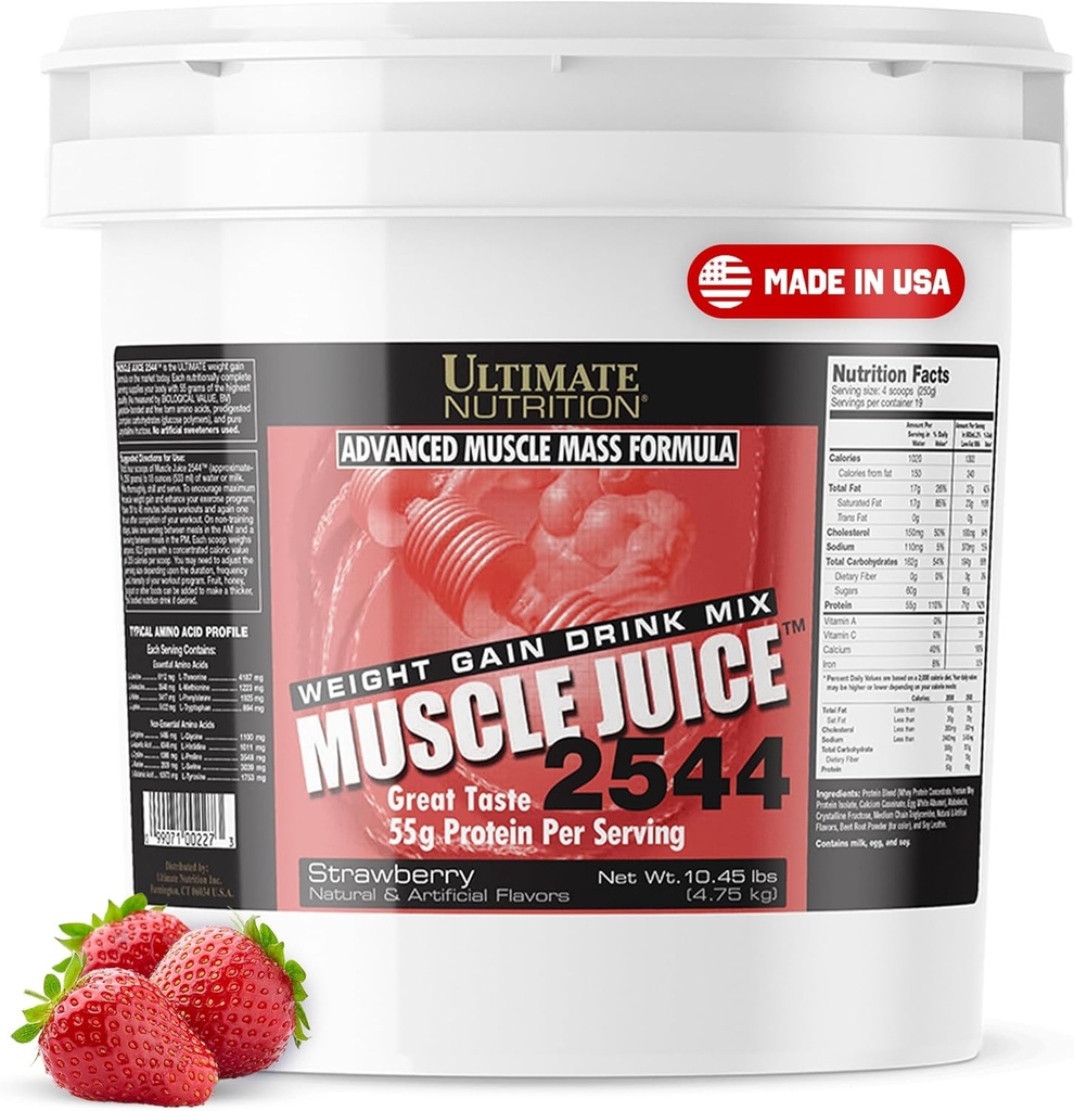 Ultimate Nutritie Muscle Juice, Greutate Gain Drink Mix - Mass Gainer Pudră de antrenament pentru bărbați și femei - Supliment pentru Lean musculare creștere și suport imunitar cu 55g Proteina - Căpșuni, 10.45lb