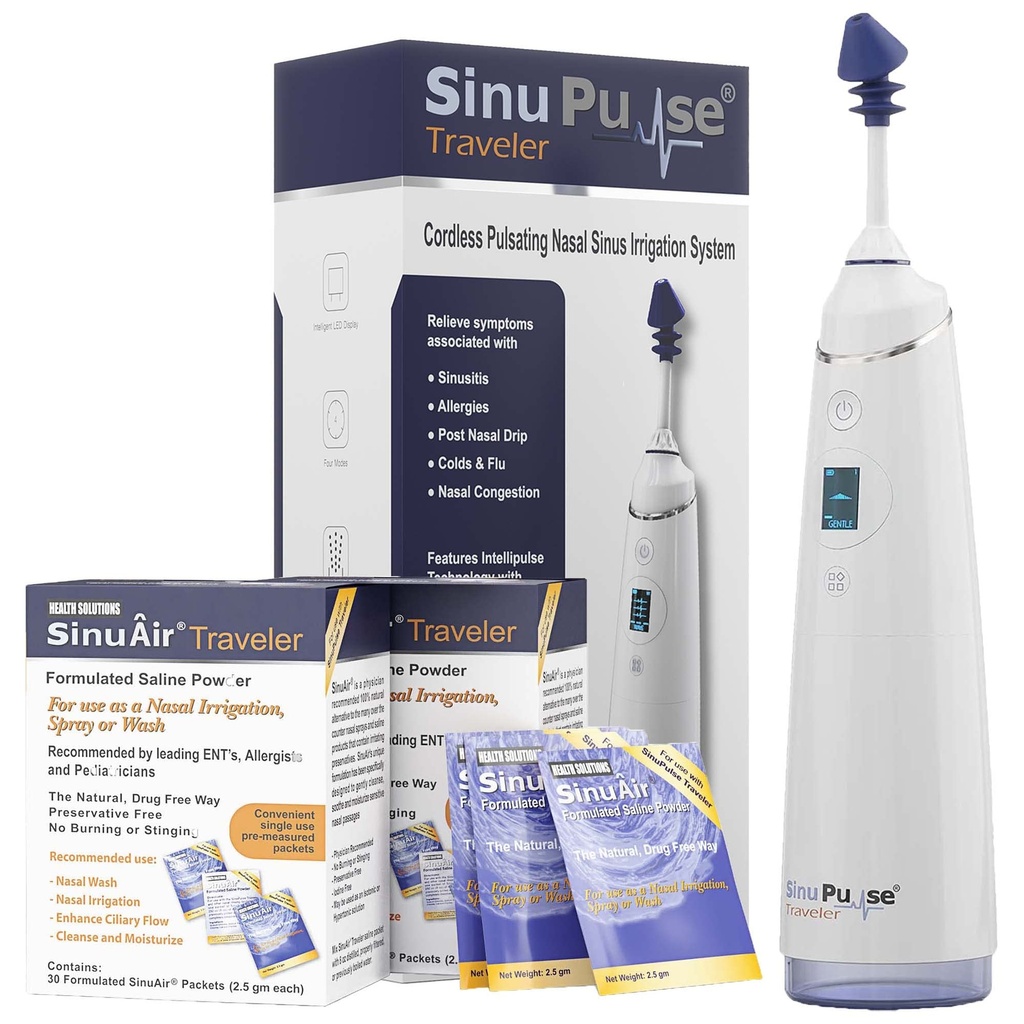 Sinu Pulse Traveler cu 90 Sinuair Pachete - Pulsare fără fir Irigare nazală Sistem de clătire a sinusurilor, Space Saving Cleaner & Relief Machine pentru călătorie, Mai eficientă decât Neti Pot sau nas Spray sticla