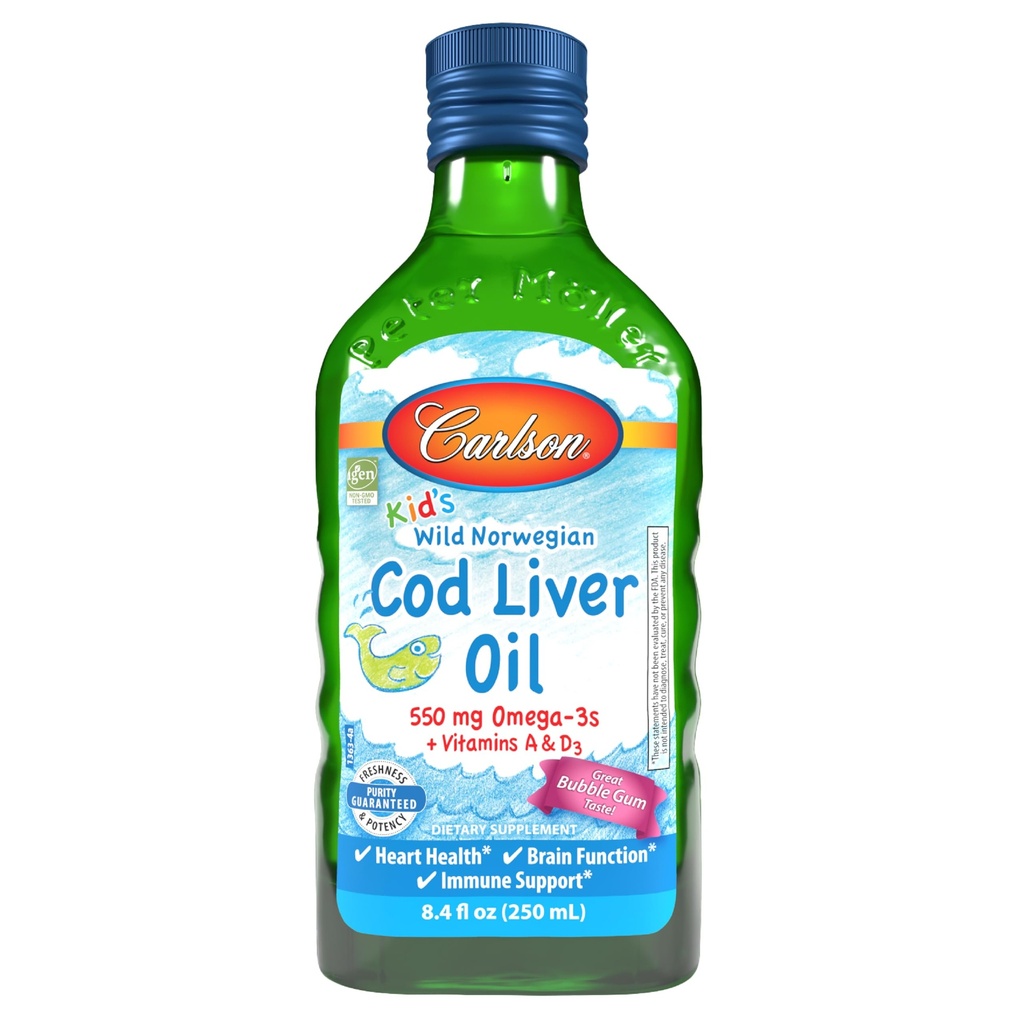 Carlson - Kid Cod Ulei de ficat, 550 mg Omega-3s, Vitamine A & D3, Wild Norvegian, Bubble Gum, 250 ml