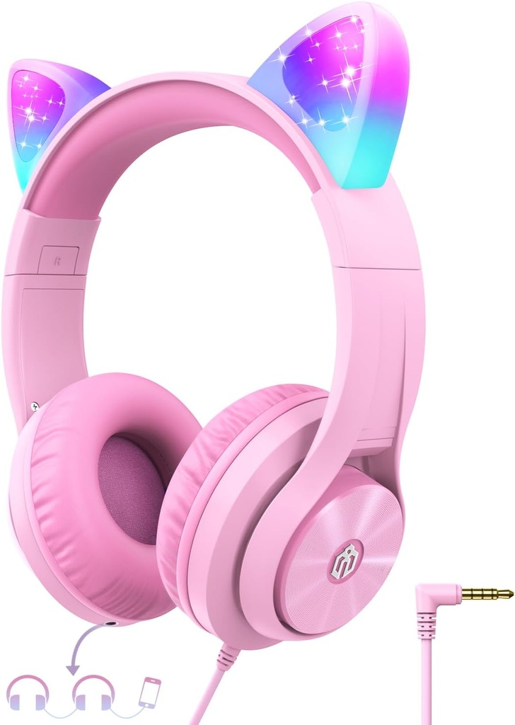 iClever Kids Căști cu Ureche Cat Led Led Up, Seif Volume Limit, FunShare, Foldable, Over-Ear Căști pentru copii pentru școală/iPad/Tablet/Travel, Meow Donut-Pink