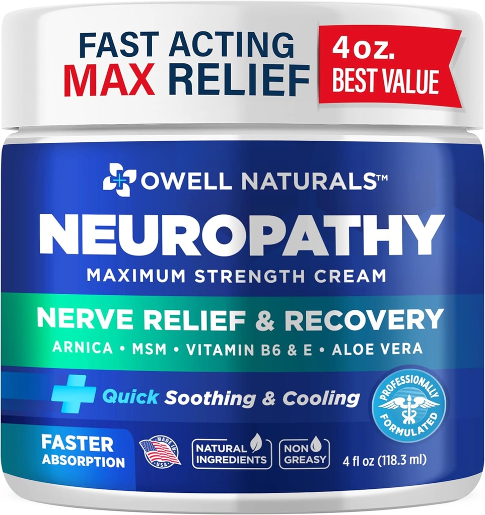 Owell Naturals Neuropatie Nervi ajutor Cream, Putere maxima, Greaseless, Ingrediente naturale Arnica, Aloe Vera, MSM, Vitamina B6 pentru picioare, mâini, picioare, degetele Discomfort, 4 Fl Oz (Pachet de 1)
