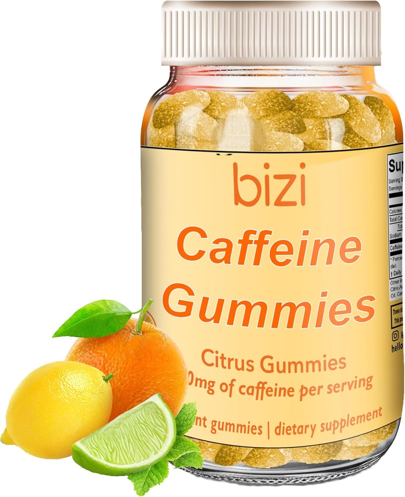 Gume de cafea Bizi pentru bărbaţi şi femei, Suplimentul energetic la Boost Focus, Gume de cafea pentru adulţi, 30 mg cafeină per Gummy, Citrus Flavor (60 ct)