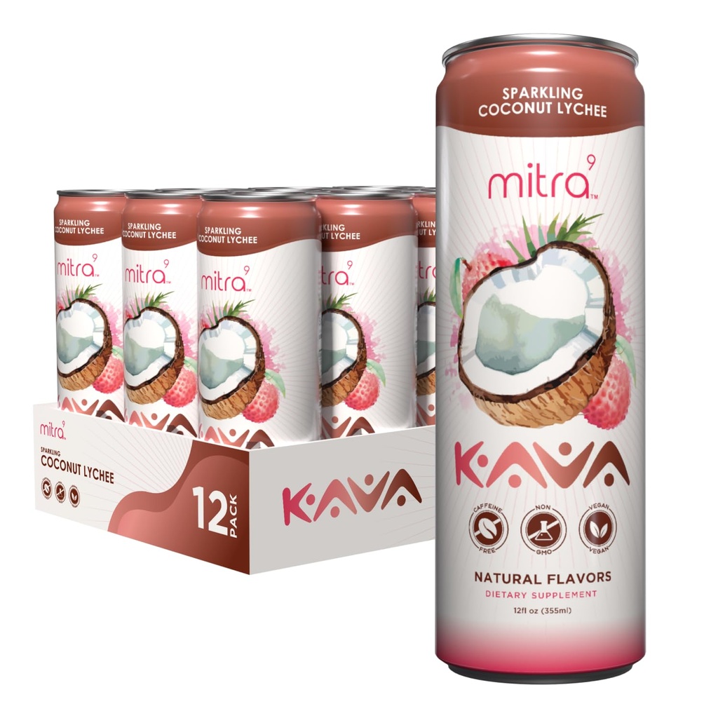 MITRA-9 Băuturi botanice - nucă de cocos Lychee Sparkling Kava băutură cu extract de rădăcină Kava - Îmbunătățitor de modă - Bazat pe plante - promovează calm natural și claritate (12 Fl. Oz) (12)