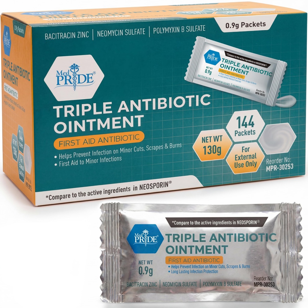 Med MÂNDRIE Pachete de Ointment Antibiotic Triple Bulk 144 X 0.9g, Pachete individuale de Ointment Antibiotic pentru Arsuri, Tăieturi, Îngrijirea Rănilor