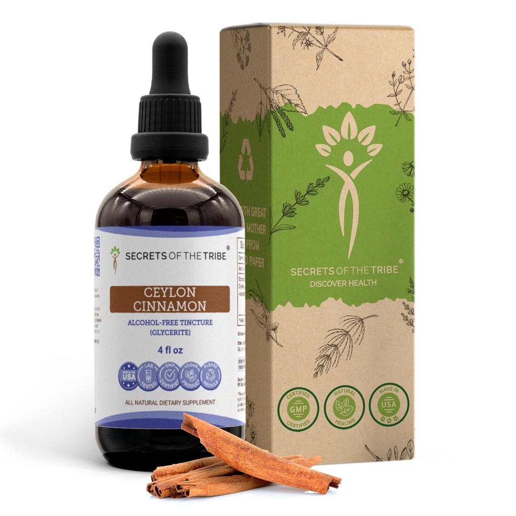 Secretele Tribului Ceylon Cinnamon Tincture Extract lichid fără alcool, Ceylon Scorțișoară (Cinamum Verum) Scoarță uscată (4 FL OZ)