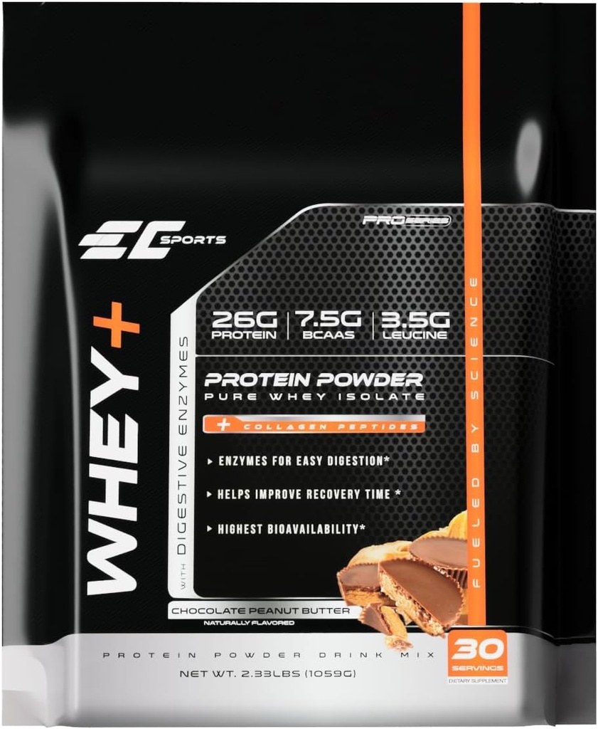 EC Sporturi Whey+ Pulbere de proteine, Unt de arahide de ciocolată amestec de enzime de g/digestive - Izolat Supliment, Colagen Peptides w/Swift reforma - 30 Serviri