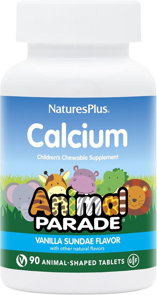 NaturasPlus Animal Parade Calciu, Vanilla Sundae Aromă - 90 Animal-Shape comprimate masticabile - Pachet de 2 - Promovează oase sănătoase - Vegan, Gluten gratuit - 180 Serviri totale