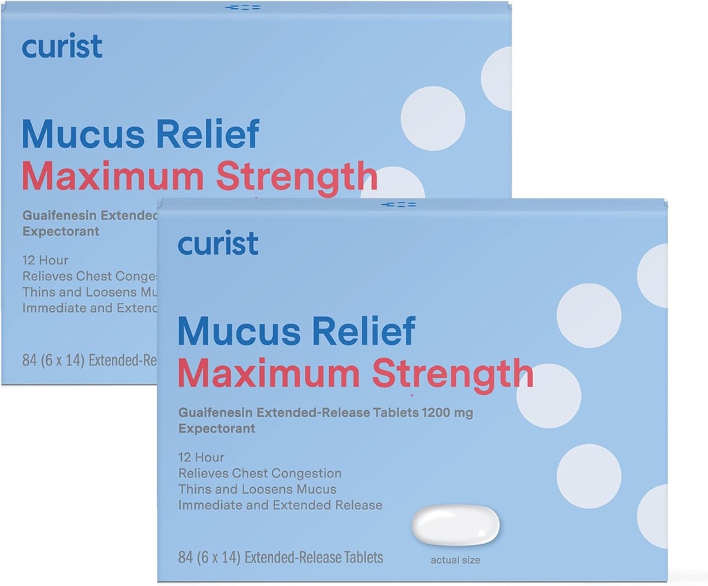 Curist Guaifensin 1200 mg Extended Release Mucus Relief Concentraţie maximă - 168 Conte Bulk Extended Release Tablets - Reduceţi congestia clară a mucusului (2 ambalaj de 84 comprimate)