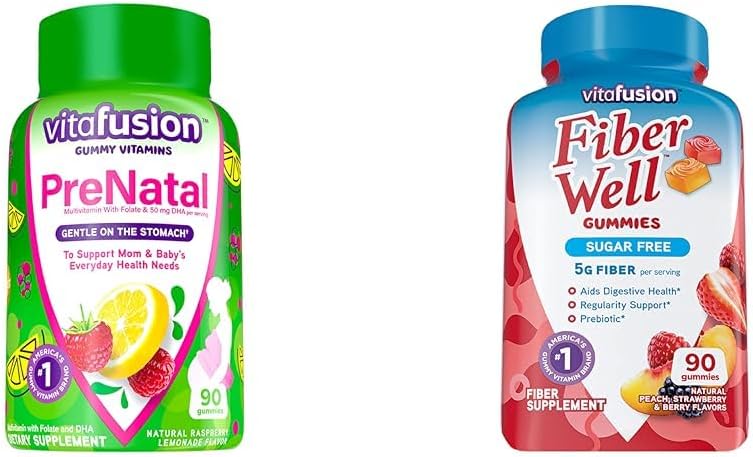 Vitafusion PreNatal Gummy Vitamine, Zmeură Lemonade aroma, Vitamine de sarcină pentru femei și fibre Ei bine, Sugar gratuit Fibra Supliment, Peach, Căpșuni și BlackBerry aroma