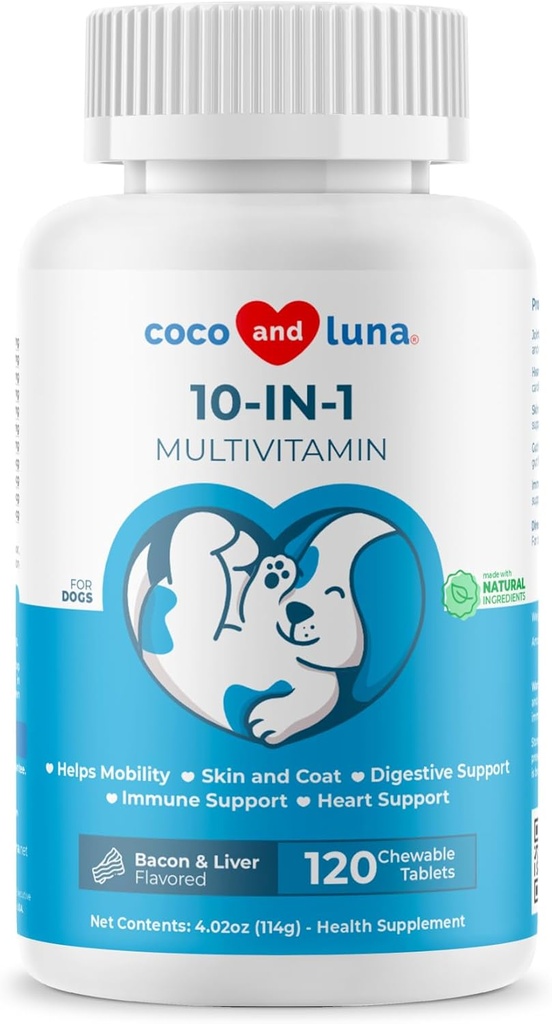 10 din 1 Multivitamine pentru câini - 120 comprimate masticabile cu glucosamină și Chondroitin - ulei de pește și vitamine cu Coq10 pentru sănătatea pielii și a inimii, suport imun