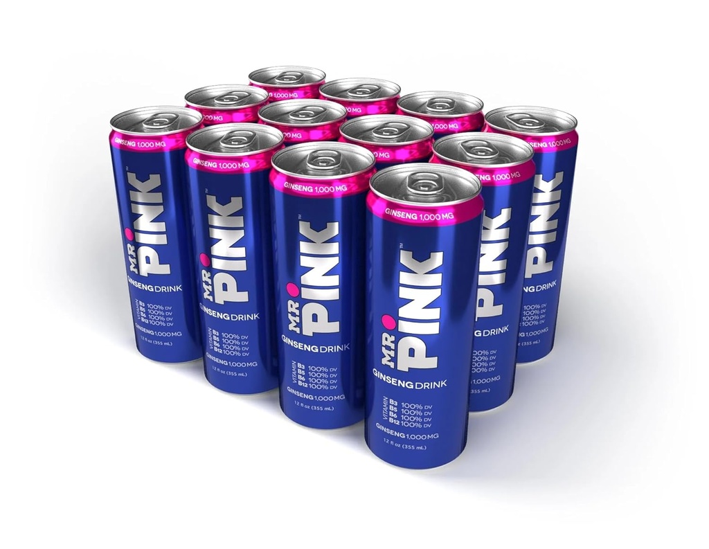 Mr. Pink Original Ginseng Drink - Natural Herbal Supplement for Energy and Focus, 12 Pack Liquid Boost, Rich in B-Vitamins
