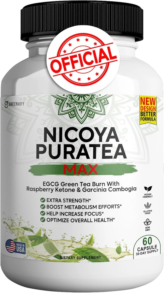 Nicoya PuraTea Max Green Ceai Extract și Green Coffee Bean pentru suport metabolic, Natural Energy Boost, Antioxidant-Rich Supliment 