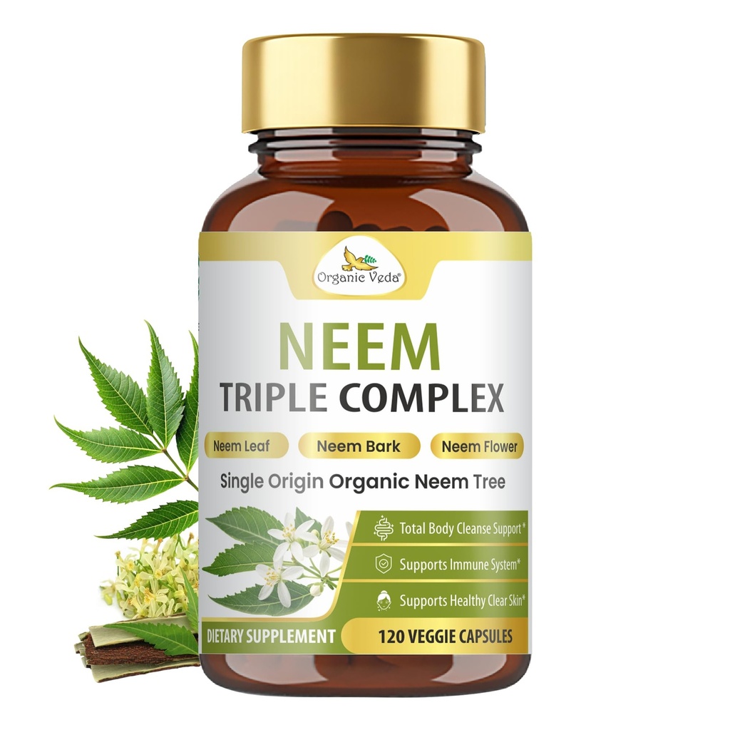 Capsule organice Veda Neem cu Triple Complex Neem Extract de frunze, Bark & Flower - Suplimentul plantei Boosts Imunitate, Îmbunătățește Digestia, Skin Health & Support Curățare - 120 Conte