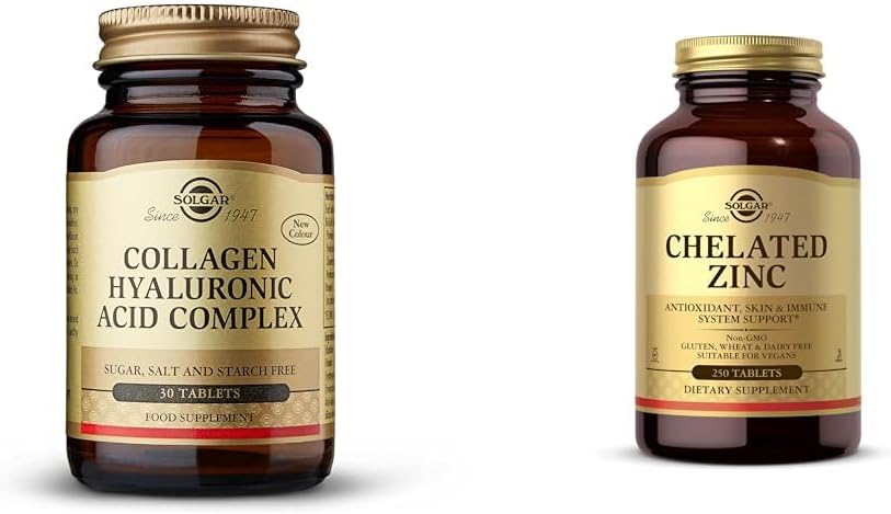 SOLGAR Colagen Acid hialuronic Complex, 30 comprimate - Colagen hidrolizat tip 2 - Ajuta & Zinc Chelat, 250 comprimate - Zinc pentru piele sanatoasa - sustine cresterea celulelor si formarea ADN