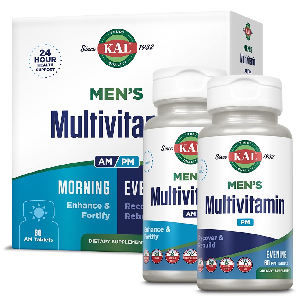 KAL Men's Multivitamine AM/PM, Antioxidants Supplement, Muscle, Immun, Electrolyte Balance, Global Wellness Support, Made Without OMGs and Soy, Vegan, 30 Servings, 120 Tablets
