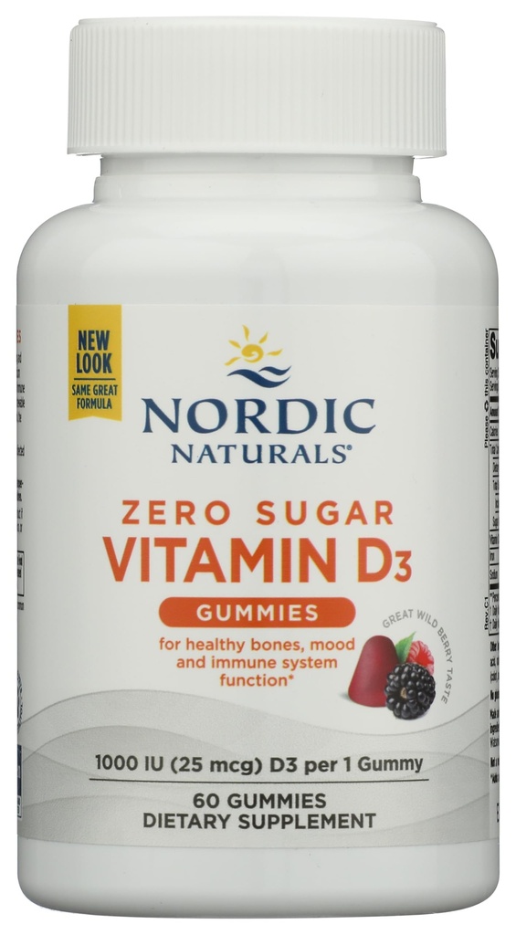Nordic Naturals Zero Sugar Vitamina D3 Gume, Wild Berry - 60 Gummies - 1000 UI Vitamina D3 - Gust mare - oase sanatoase, Mood & Imunity System Function - Non-GMO - 60 Serviri