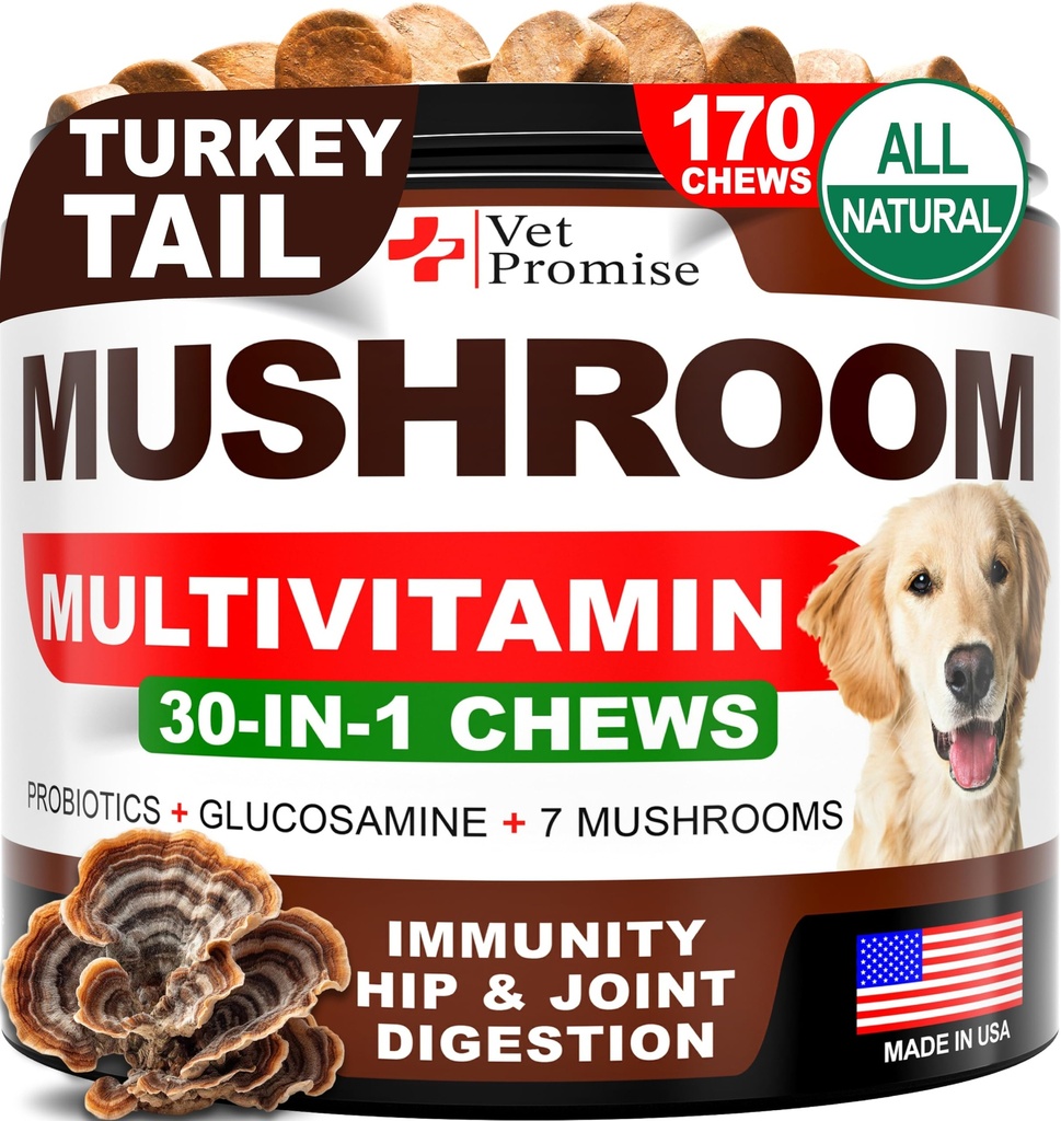 Ciupercă pentru câini - 170 Chews - Turcia Coada - supliment ciuperci pentru câini - Lions Mane - Reishi - Suport pentru imunitate Vitamine multivitamine - Sănătate comună - Energie - Gut - Piele - Made in USA
