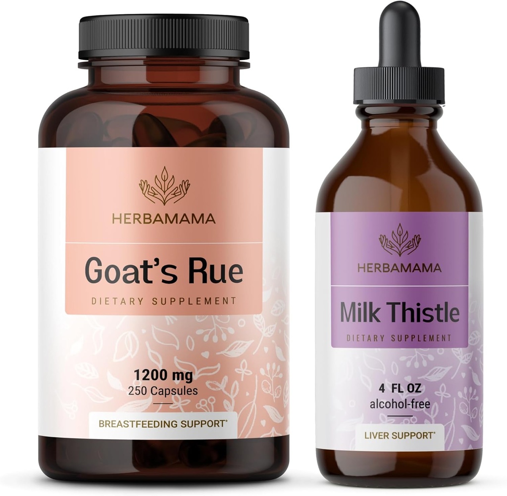 HERBAMAMA Capra Rue and Milk Thistle Kit - Bundle of 1200 mg Goat's Rue Capsules & Milk Thistle Liver Detox Drops 4 fl oz - Vegan, Non-GMO, Sugar & Alcool-Free - 2 Pack