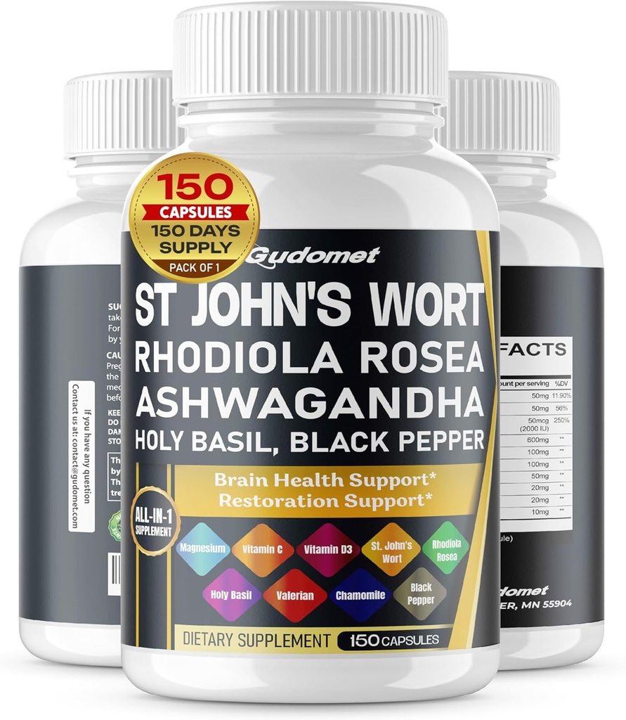 St. John's Wort Rhodiola Rosea Ashwagandha Holy Basil Valerian Chamomile Black Pepper -150 Capsule - Made in USA