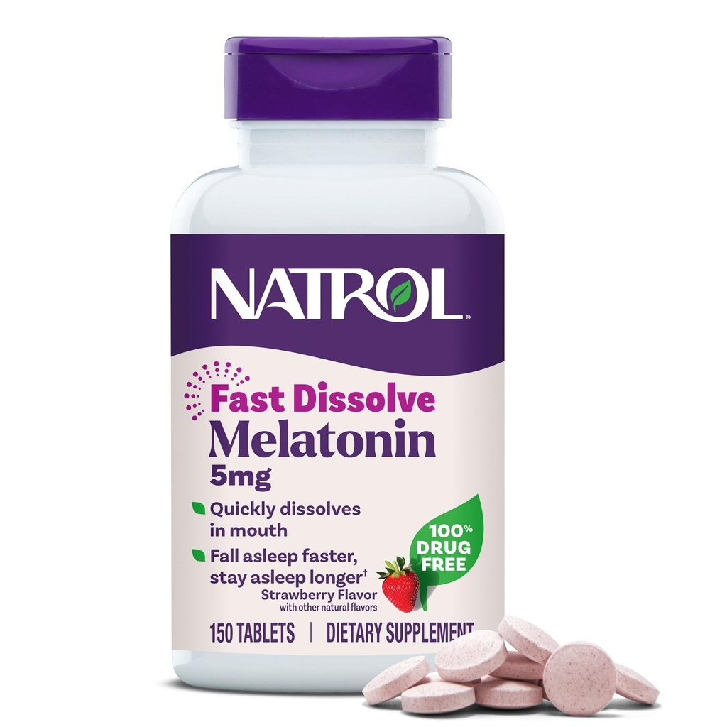 Natrol Melatonina 5 mg comprimate rapid dizolvare, Suplimente de suport pentru somn pentru adulți, aromă de căpșuni, 150 comprimate, până la 150 zile de aprovizionare