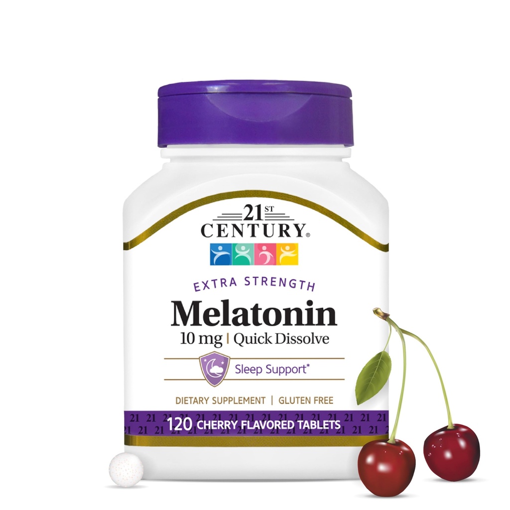 21st Century Melatonin 10mg Extra Putere, 120 Conte, Diszolvare rapida de ajutor de somn pentru adulți, Promovează relaxare și somn odihnitor, formarea non-habit, gluten-free, aroma de cireșe