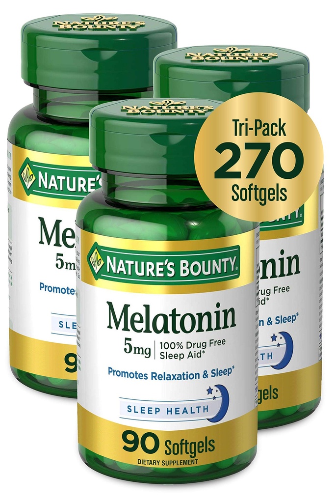 Natura's Bounty Melatonin 100% Drug Free Sleep Aid, Dietary Supplement, Promovează Relaxarea și Sleep Health, 5 mg, 90 Conte, Pachet de 3