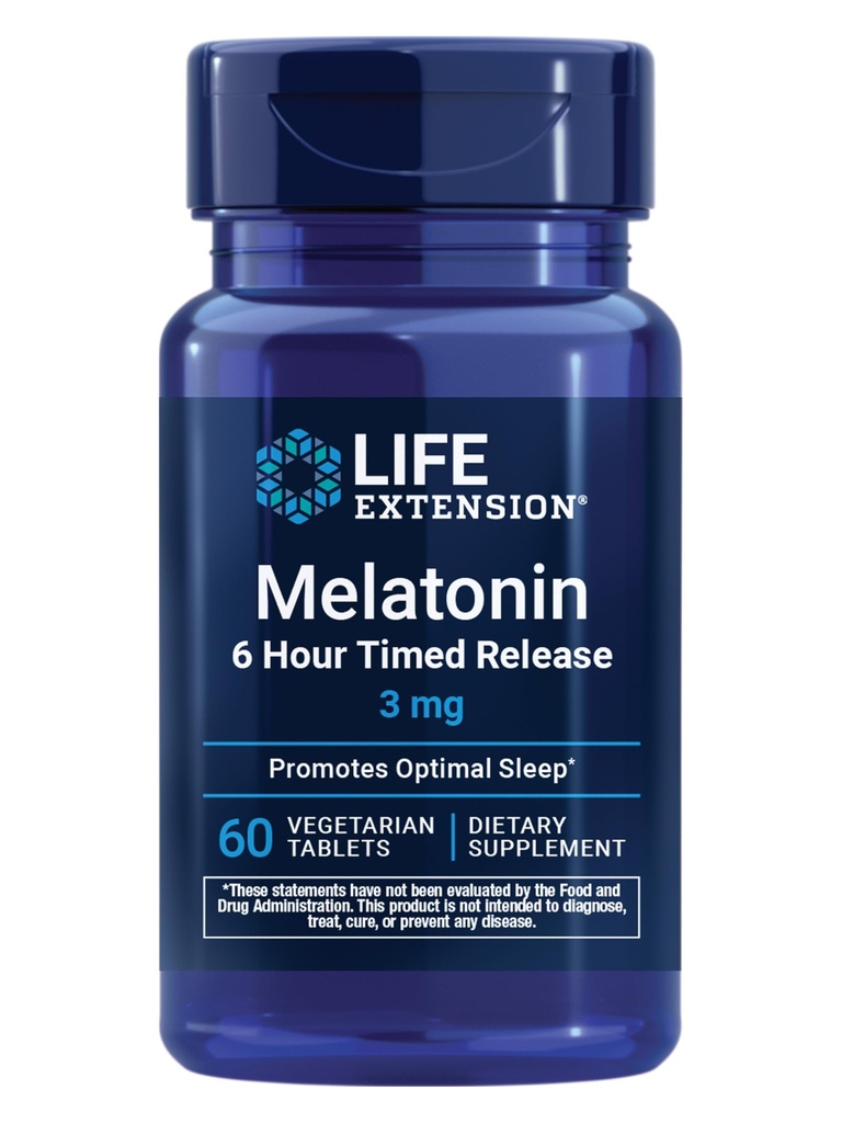 Extensie de viaţă Melatonina 6 Ore Timed Release, 3 mg, Extended-Release Formula pentru Optimal Sleep Support, Sănătos circadian Rhythms, Cellular Defense, Gluten-Free, Non-GMO, Vegetarian, 60 comprimate