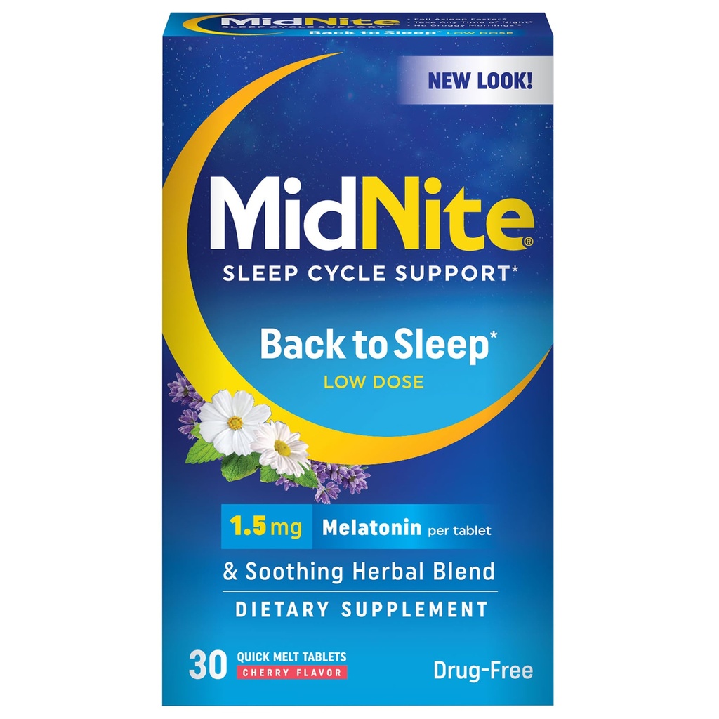 MidNite Inapoi la somn Doza scazuta, 1,5 mg Melatonina Ajutor pentru somn, Non-Habit Forming, Herbal Dietary Supliment pentru adulți, Drog-Free, Gluten-Free, Lactoză-Free, Vegetarian, Vegan, 30 rapid comprimate de topire