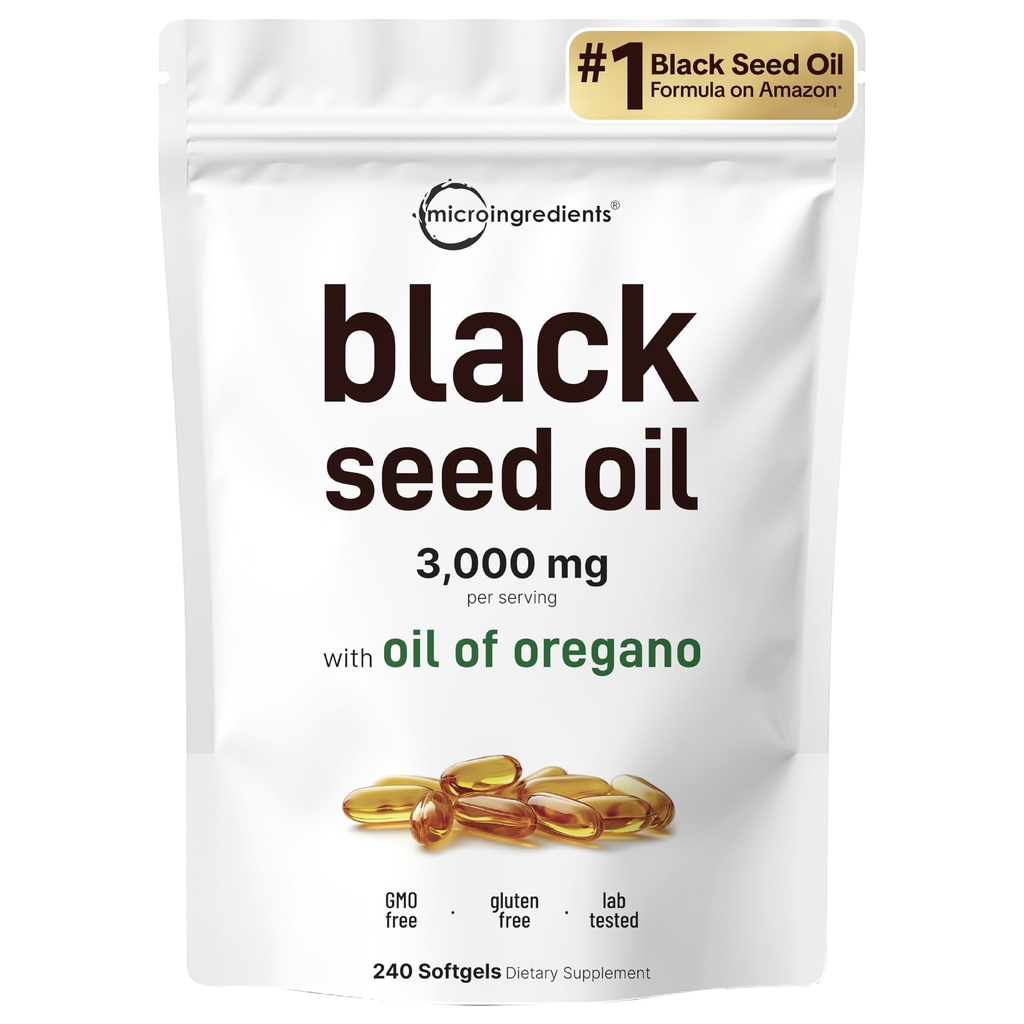 Micro Ingrediente Black Seed Oil Softgels, 3.000 mg, 240 Conte de 2-in-1 Formula cu ulei de Oregano, Carvacrol & Thymo