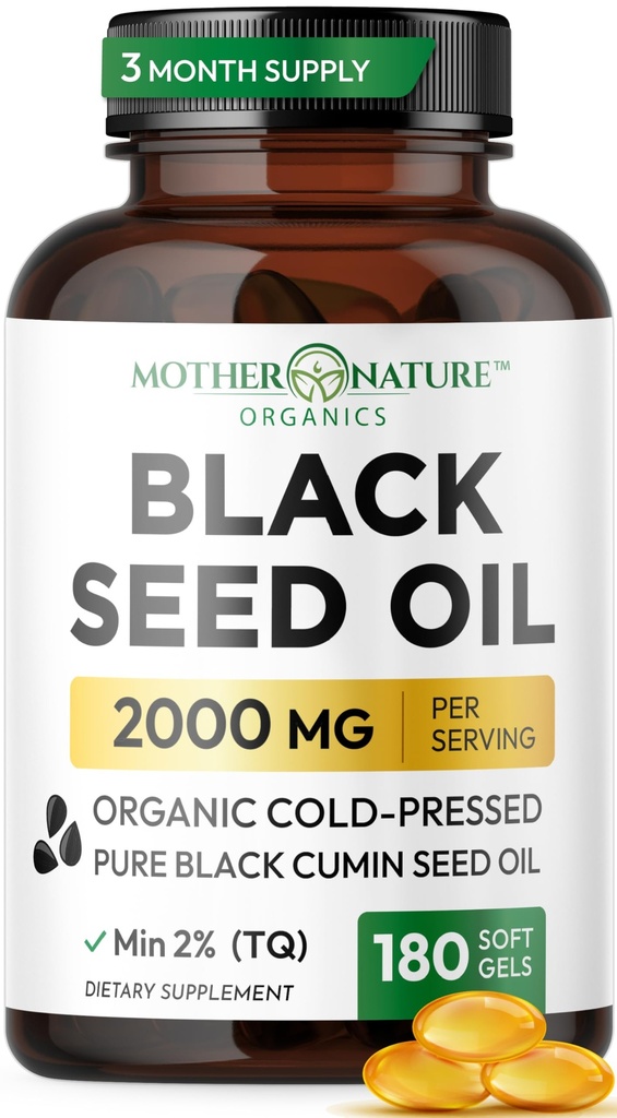 Black Seed Oil Capsules 2000mg Per Serving, Organic Cold Presed Black Chimin, High TQ, Immune & Joint Support, 180 Count (3 luni de aprovizionare)