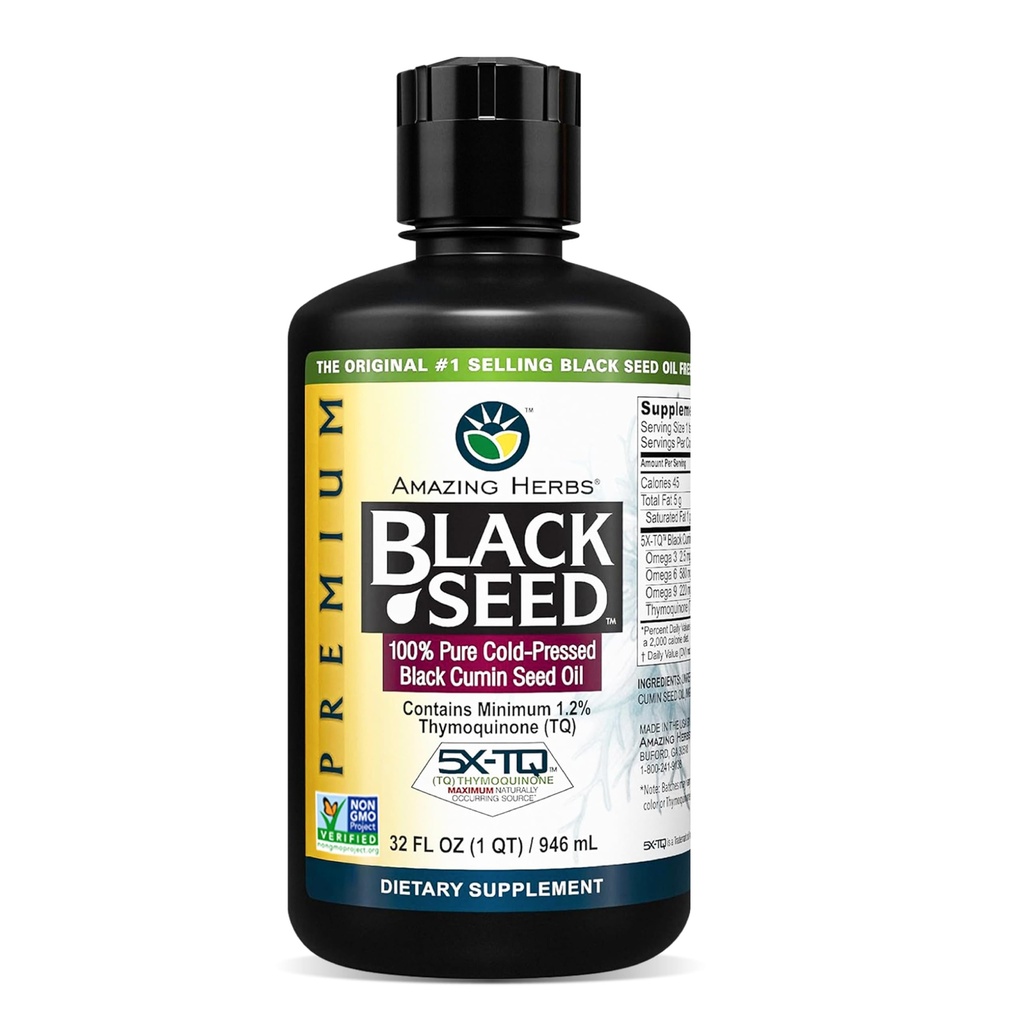 Amazing Herbs Premium Black Seed Oil - Cold presat Nigella Sativa SIDA în Digestive Health, Immune Support, Brain Function, Mobilitate comună, Gluten Free, Non OMG - 32 Fl Oz
