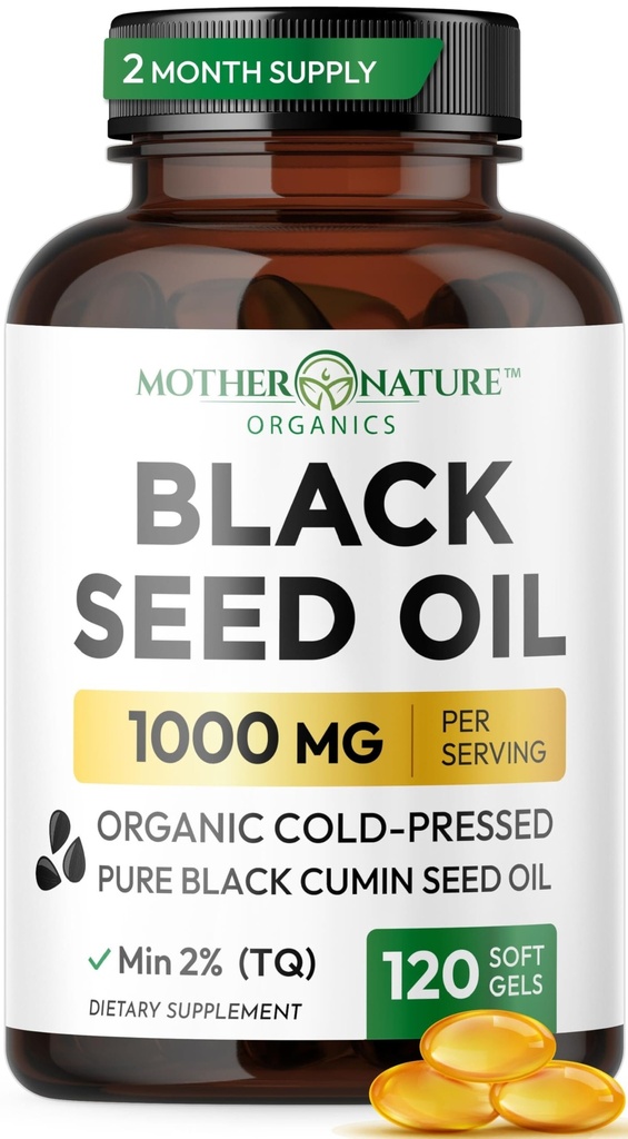Capsule de ulei negru de semințe 1000mg, Organic rece presat negru chimen, TQ ridicat, Imun și sprijin comun, 120 Conte (2 lună de aprovizionare)