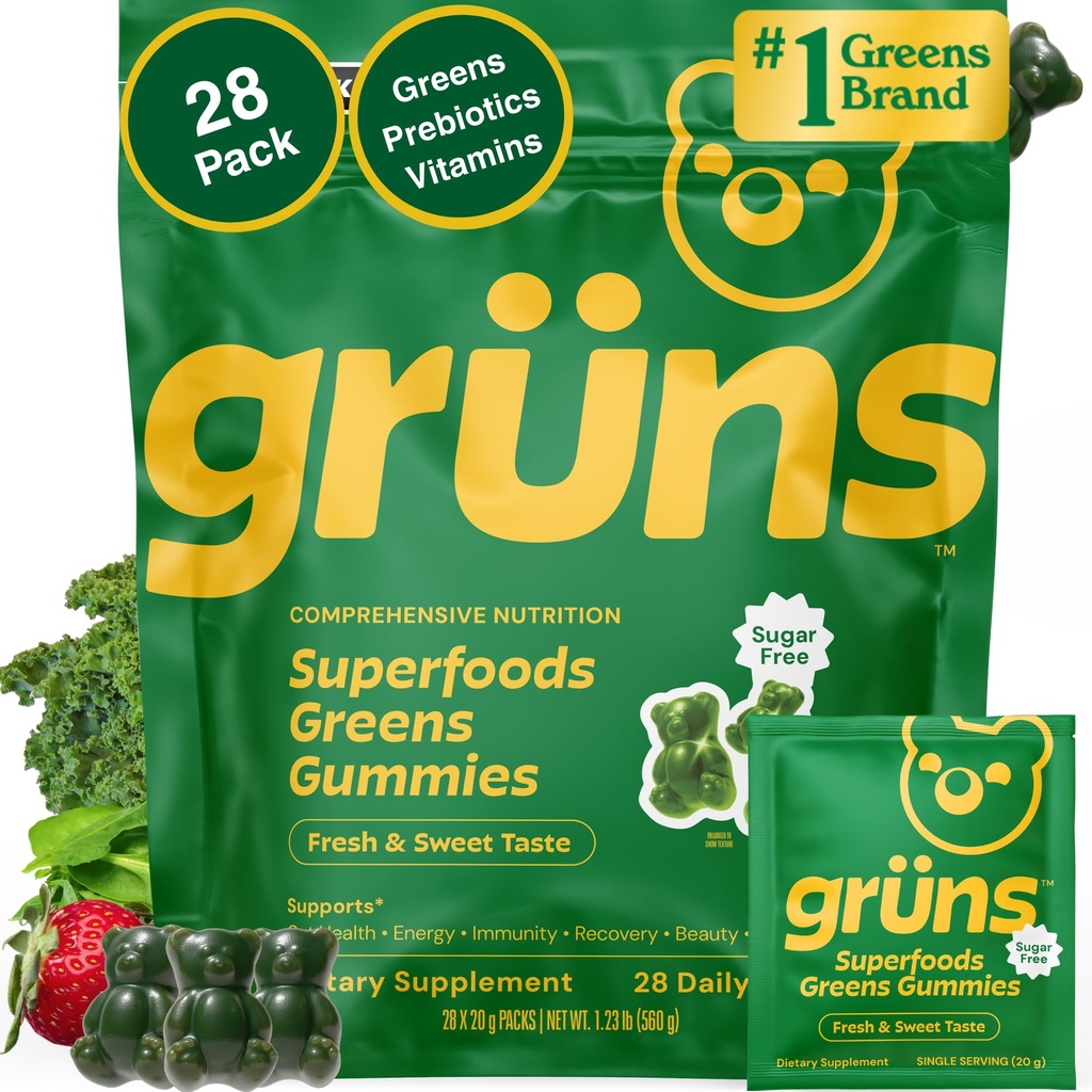 Gruns Adult Sugar-Free Super Greens Multivitamine Gummies, Superfood Gummy Vitamine pentru femei și bărbați cu Spirulina, Chlorella, Adaptogens & Fiber Prebiotic pentru Digestive Health (28 Conte)