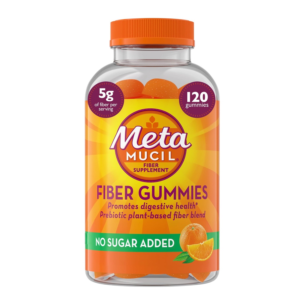 Metamucil Fiber Gumries pentru adulți, fără zahăr Adăugat aroma portocalie, 5g Prebiotic plante pe bază de fibre supliment Blend, 120 Conte