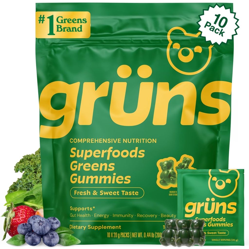 Gruns Adulți Super Greens Gummies, Multivitamine Superfood Gummy Bears, Spirulina, Chlorella, Prebiotics & Fiber Gumies pentru Digestive Health, Adaptogens Supplement, 20 Vitamine & Minerale, 10 Conte