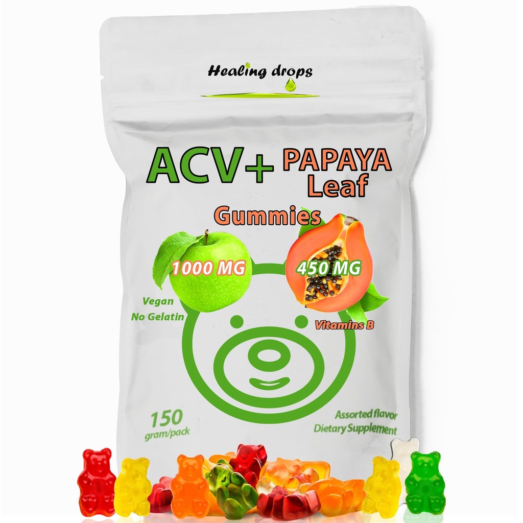 ACV Gummies & Papaya Leaf Extract Gummies - Premium Pottent Apple Cidru Oţet Supliment - Iod Infuzat & Vitamine B6 B12 