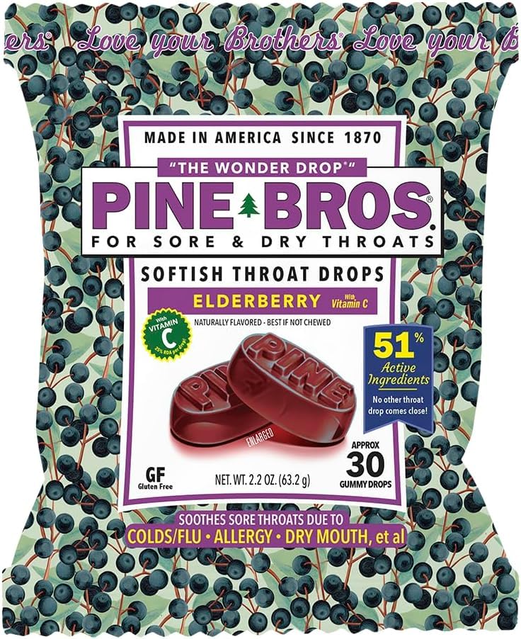 Pine Bros. Gummy Softish Throat Drops 30 Count (Approx) (Pachet de 1, Elderberry)