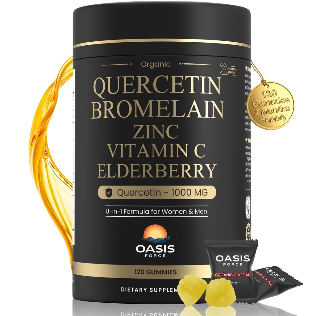 8-in-1 Querbetin cu Bromelain Gummies 1000mg, potenta mare Organic Querbetin Supliment cu Zinc & Vitamina C, Elderberry, Sezonier Wellness & Immune Support, Vegan, Sugar Free, 120 Gummies