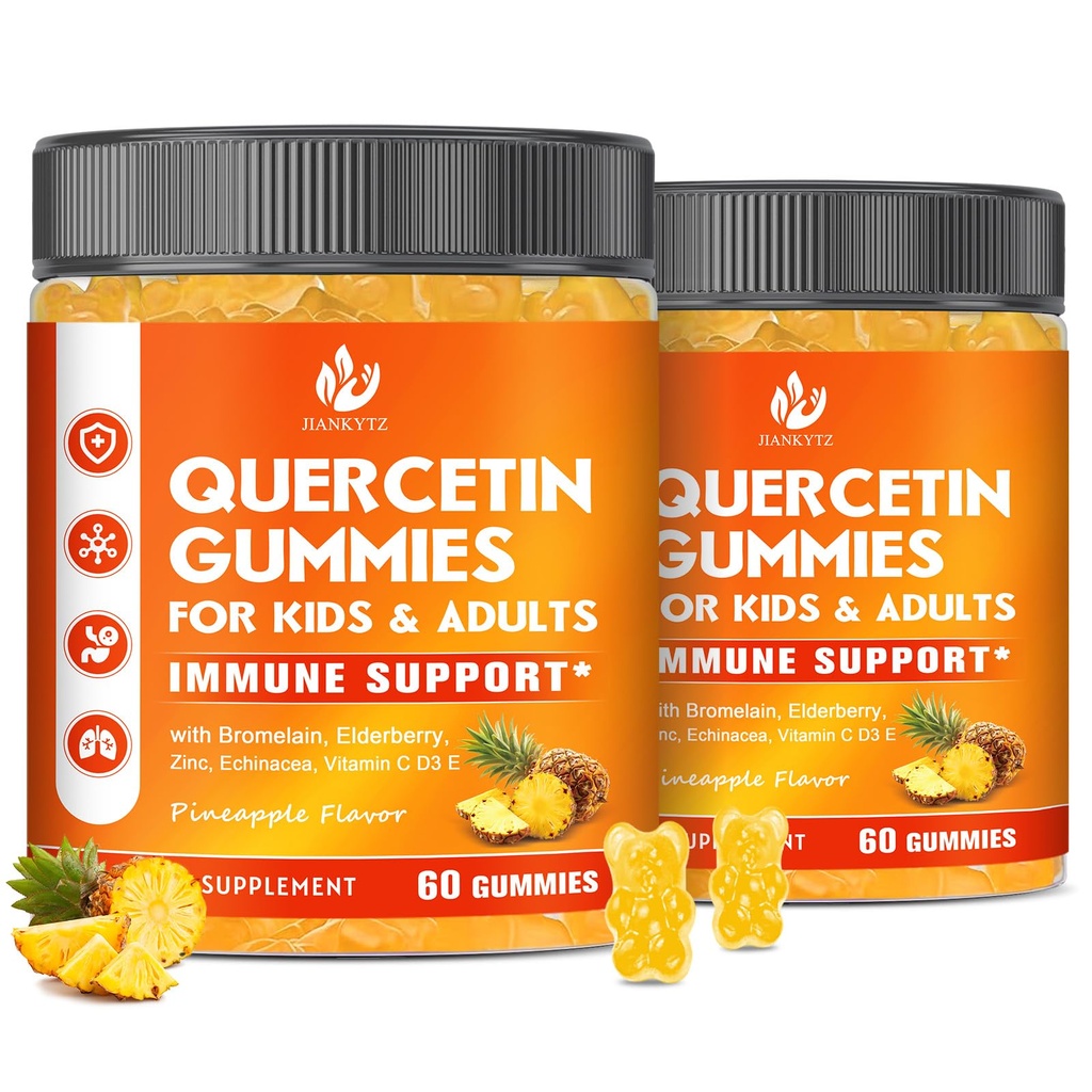 (2 Pack) Sugar Free Querbetin cu Bromelain Gumies pentru copii si adulti - Imun, Antioxidant, Suport sezonier, 1000 mg Querbetin Suplimente cu Bromelain, Zinc, Elderberry, Vitamina C D3 E, 120 Conte