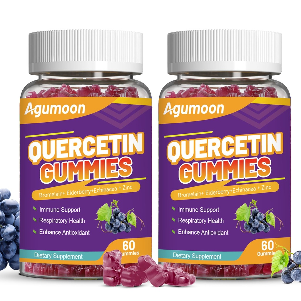 2 Pack Querbetin Gummies, 1000 mg Querbetin cu Bromelain zinc Elderberry, Immune & Antioxidant de sprijin, Vegan Gummies pentru adulți și copii, 120 Conte