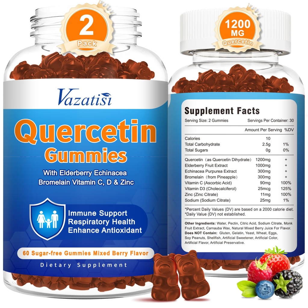 2 Pack Querbetin cu Bromelain Gummies, Querbetin cu vitamina C Zinc & Elderberry pentru sistemul imunitar & Alergie, Chemable & Vegan Gummies, mixt Berry Flavor 120 Cts