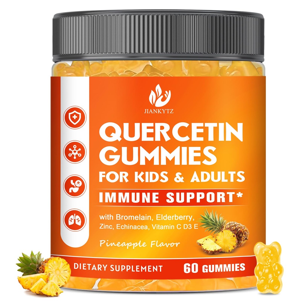 Sugar Free Querbetin cu Bromelain Gummies pentru copii si adulti - Imun, Antioxidant, Suport Sezonier, 1000 mg Querbetin Suplimente cu Bromelain, Zinc, Elderberry, Vitamina C D3 E, Vegan, 60 Conte