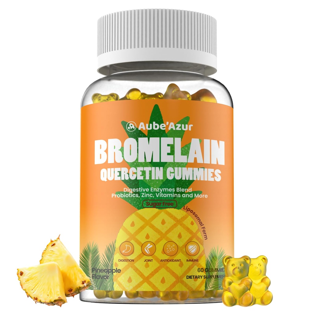 Liposomal Bromelain cu Querbetin Gummies, 1000 mg Bromelain Supliment pentru Femei si Barbati, cu Probiotice, Enzime Digestive pentru Curaj, Suport Digestiv & Immune, Zahăr gratuit, Ananas Flavor, 60 Conte