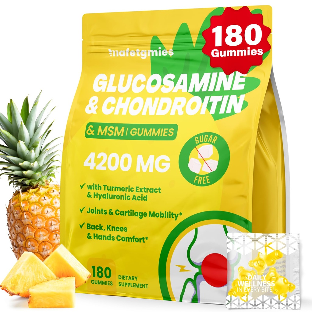 Glucosamină Chondroitin Gummies, 4200 mg Suplimente Joint Putere Extra Glucosamină Chondroitin cu MSM & Elderberry pentru sănătate comună, flexibilitate, suport imunitar pentru adulți, bărbați și femei, 180 Conte